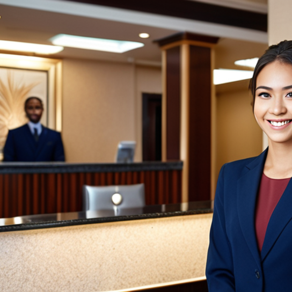 **

A hotel employee in a well-fitting, dark blue business suit with a neat hairstyle, smiling confidently at a hotel reception desk. The background shows a blurred, upscale hotel lobby with soft lighting and elegant decorations. The overall impression is professional and welcoming. Focus on a clean and polished look.

**