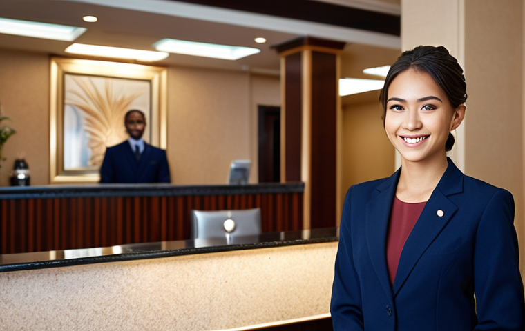 **

A hotel employee in a well-fitting, dark blue business suit with a neat hairstyle, smiling confidently at a hotel reception desk. The background shows a blurred, upscale hotel lobby with soft lighting and elegant decorations. The overall impression is professional and welcoming. Focus on a clean and polished look.

**