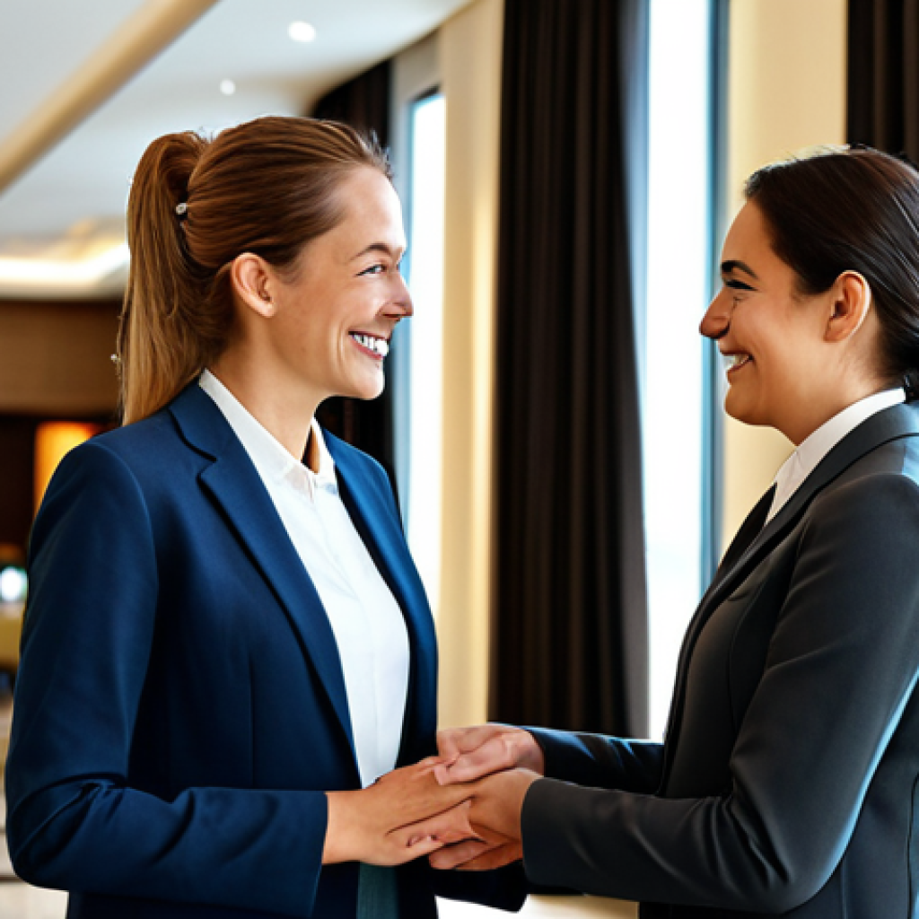 A professional female hotel manager in a modest business suit, engaging warmly with a guest in a contemporary hotel lobby. The guest is smiling, having just discovered a thoughtful, personalized detail in the environment, symbolizing deep emotional connection and tailored service. The atmosphere is inviting and sophisticated, highlighting genuine human interaction. Fully clothed, appropriate attire, professional dress, safe for work, appropriate content, family-friendly. Perfect anatomy, correct proportions, natural pose, well-formed hands, proper finger count, natural body proportions. Professional photography, high quality.