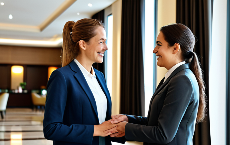 A professional female hotel manager in a modest business suit, engaging warmly with a guest in a contemporary hotel lobby. The guest is smiling, having just discovered a thoughtful, personalized detail in the environment, symbolizing deep emotional connection and tailored service. The atmosphere is inviting and sophisticated, highlighting genuine human interaction. Fully clothed, appropriate attire, professional dress, safe for work, appropriate content, family-friendly. Perfect anatomy, correct proportions, natural pose, well-formed hands, proper finger count, natural body proportions. Professional photography, high quality.