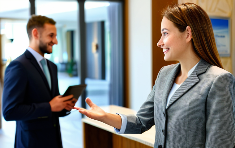 Front Desk Professional**

A professional and friendly hotel receptionist in a modern, brightly lit lobby, fully clothed in a modest business suit, assisting a guest. The background includes soft, blurred details of other guests and the hotel entrance. Perfect anatomy, correct proportions, well-formed hands, proper finger count, natural pose, safe for work, appropriate content, professional, fully clothed, family-friendly.

**