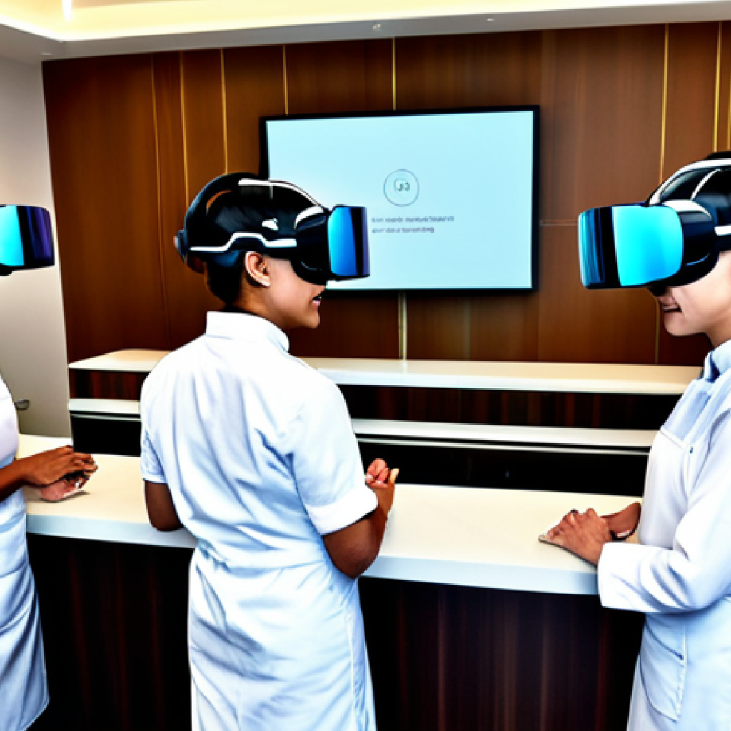 **

A diverse team of fully clothed hotel employees (front desk, housekeeping, chef) participating in a VR training simulation in a modern hotel conference room. The VR headsets display realistic hotel scenarios. Everyone is in appropriate attire. Safe for work, professional, perfect anatomy, natural pose, well-formed hands, proper finger count, modern learning environment.

**