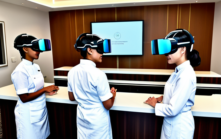 **

A diverse team of fully clothed hotel employees (front desk, housekeeping, chef) participating in a VR training simulation in a modern hotel conference room. The VR headsets display realistic hotel scenarios. Everyone is in appropriate attire. Safe for work, professional, perfect anatomy, natural pose, well-formed hands, proper finger count, modern learning environment.

**