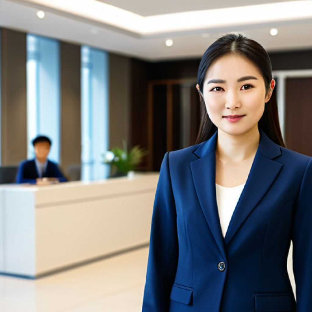 **

A professional Asian businesswoman in a tailored, modest navy blue business suit, standing confidently in a bright, modern office lobby, fully clothed, appropriate attire, safe for work, perfect anatomy, correct proportions, professional photography, high quality. The background includes blurred office workers and reception desk. Family-friendly.

**