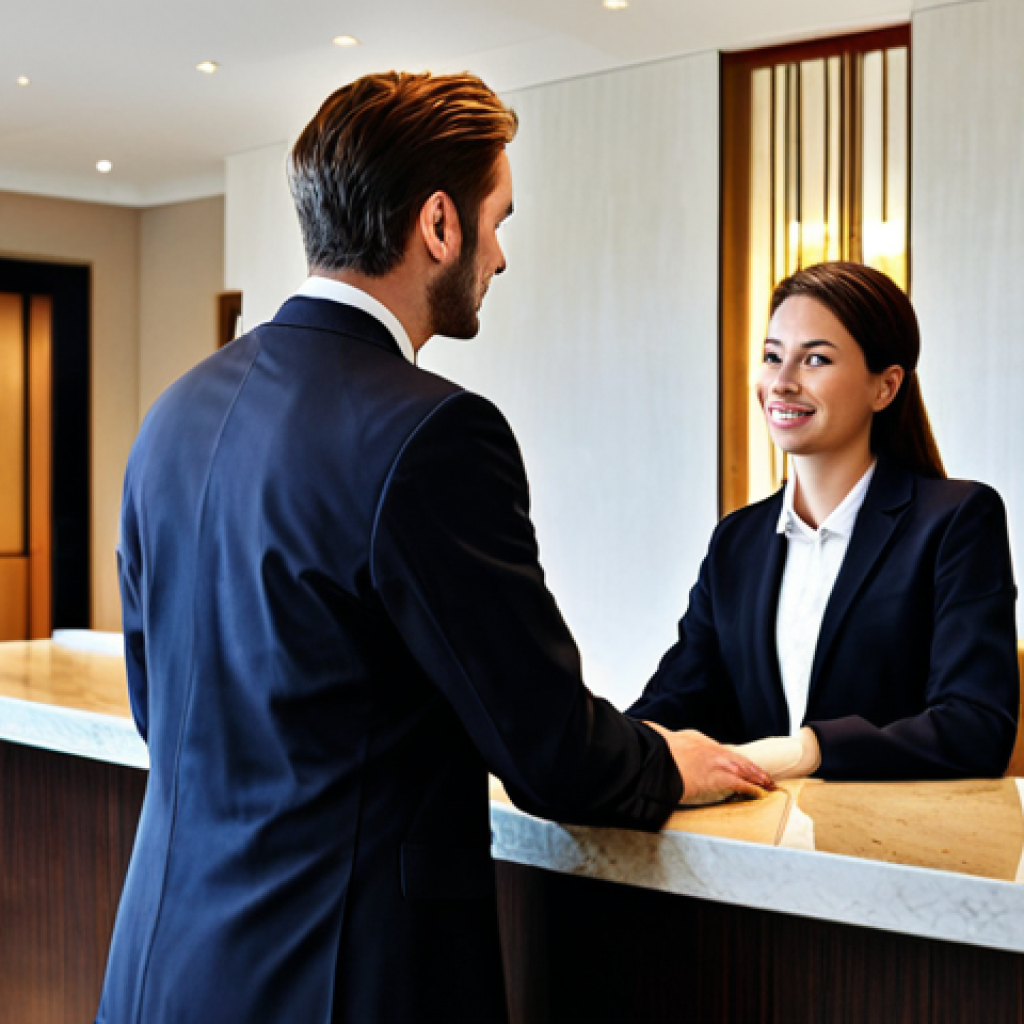 A hotel receptionist in professional attire assisting a guest at the front desk in a modern hotel lobby. Fully clothed, appropriate content, safe for work, perfect anatomy, natural proportions, professional lighting.