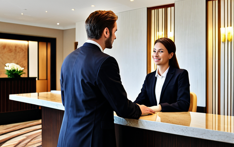 A hotel receptionist in professional attire assisting a guest at the front desk in a modern hotel lobby. Fully clothed, appropriate content, safe for work, perfect anatomy, natural proportions, professional lighting.