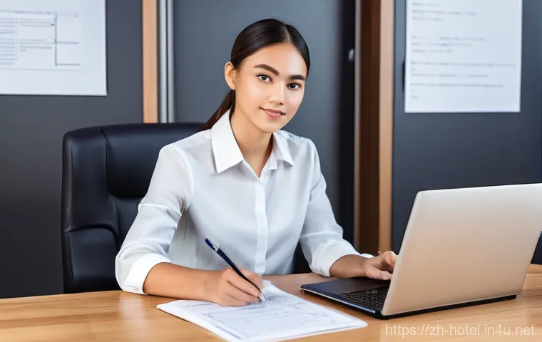 호텔 필기 시험 기출문제 분석 - **Prompt:** "A diligent young professional, dressed in smart business casual attire (e.g., a blouse ...