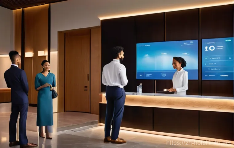 호텔 현장 관리자의 성공 사례 - **Prompt:** A futuristic and welcoming hotel lobby featuring seamless smart technology. Guests, dive...