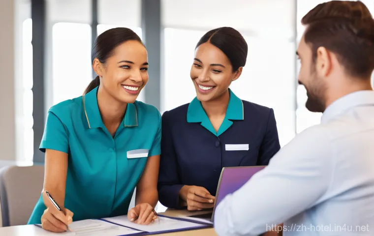 호텔 현장 관리자의 성공 사례 - **Prompt:** A futuristic and welcoming hotel lobby featuring seamless smart technology. Guests, dive...