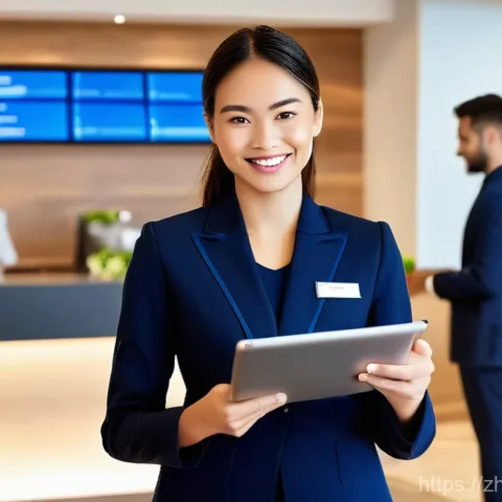 호텔업계 경력 개발 방법 - **Prompt:** A dynamic, modern hotel lobby bustling with activity. In the foreground, a female hotel ...