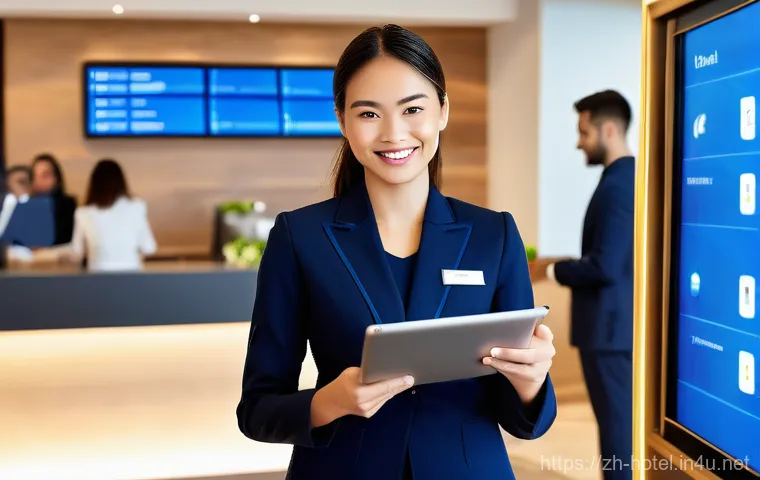 호텔업계 경력 개발 방법 - **Prompt:** A dynamic, modern hotel lobby bustling with activity. In the foreground, a female hotel ...