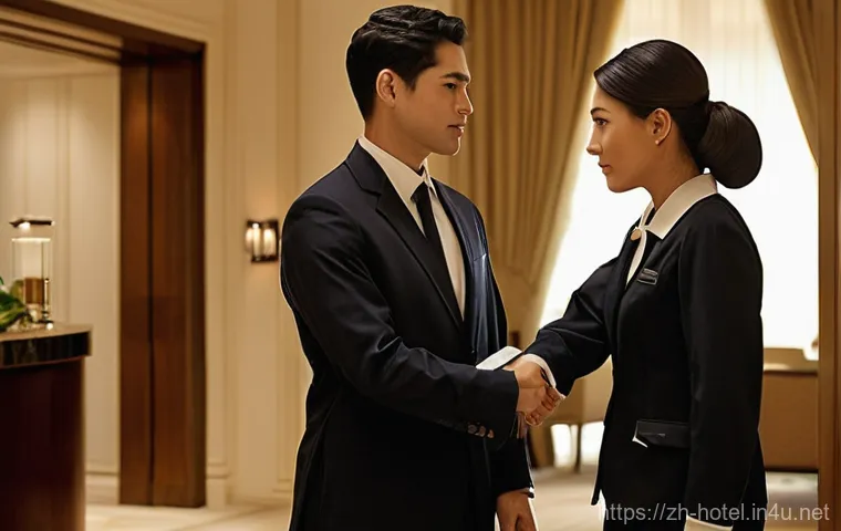 호텔 실기 시험 준비 방법 - **Prompt 2: Exemplary Front Desk Service**
    "A poised and confident female hotel front desk agent...