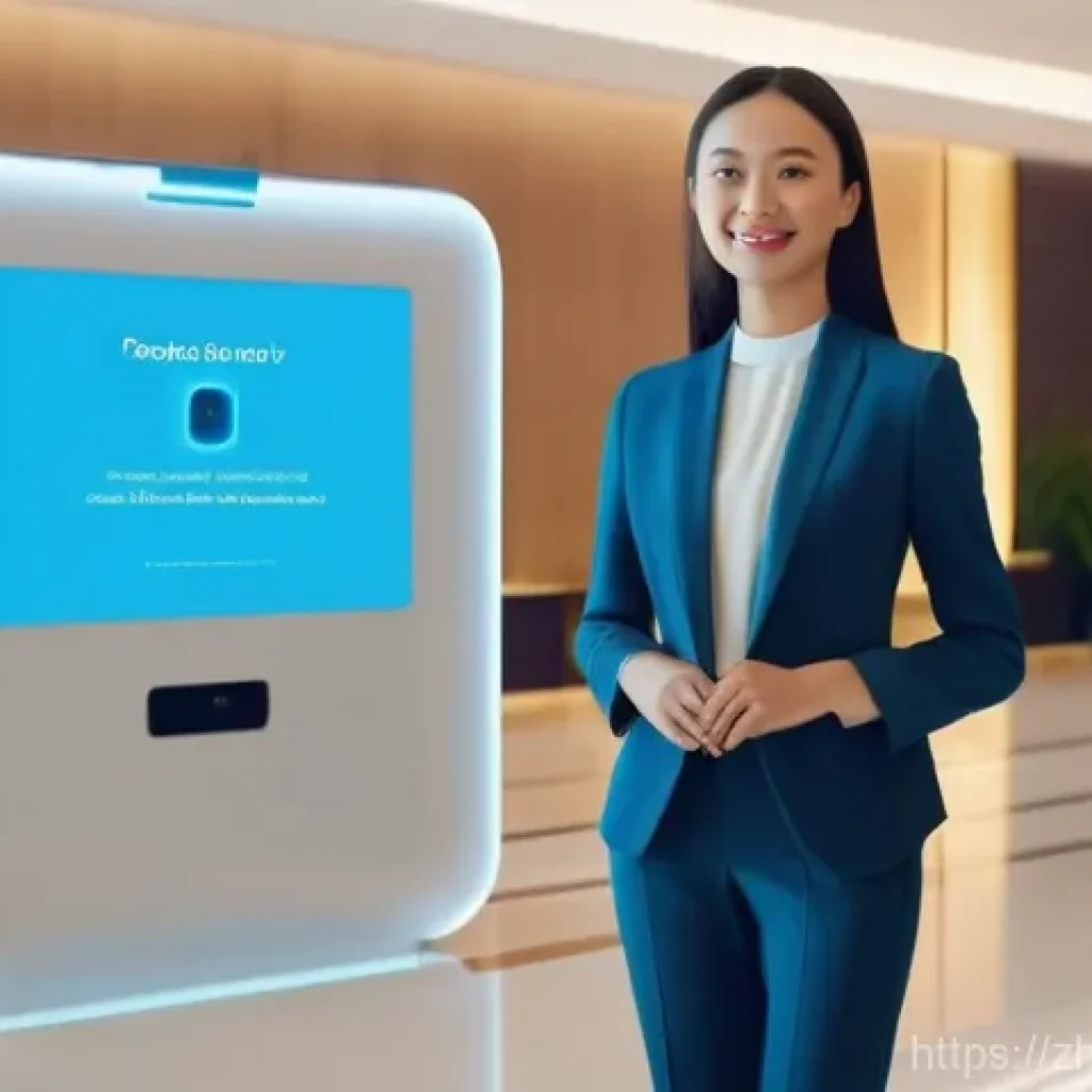 호텔 실무와 관련된 주요 기술 트렌드 - **Prompt: Futuristic Hotel Lobby with Facial Recognition Check-in**
    "A bright, modern, and spaci...