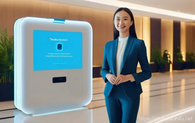 호텔 실무와 관련된 주요 기술 트렌드 - **Prompt: Futuristic Hotel Lobby with Facial Recognition Check-in**
    "A bright, modern, and spaci...