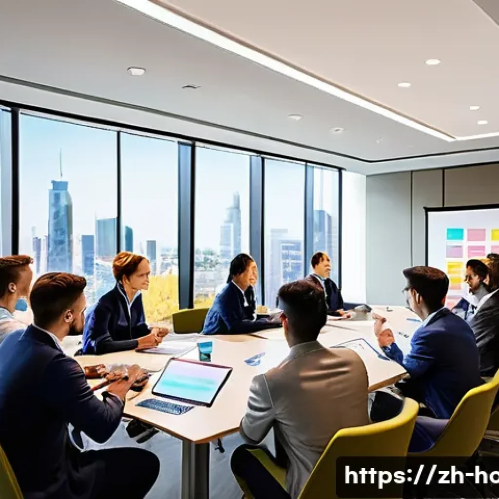 호텔 실무에서의 리더십 발휘 방법 - **"Empowered Team Collaboration in a Modern Hotel Setting"**: A vibrant, high-angle, realistic photo...