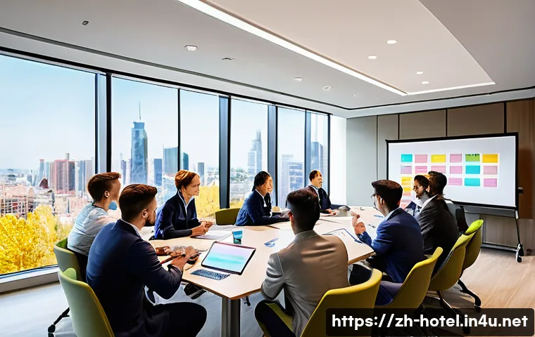 호텔 실무에서의 리더십 발휘 방법 - **"Empowered Team Collaboration in a Modern Hotel Setting"**: A vibrant, high-angle, realistic photo...