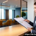 호텔 연봉 협상에서 이길 수 있는 팁 - A professional hotel manager confidently negotiating salary in a modern hotel office, wearing busine...