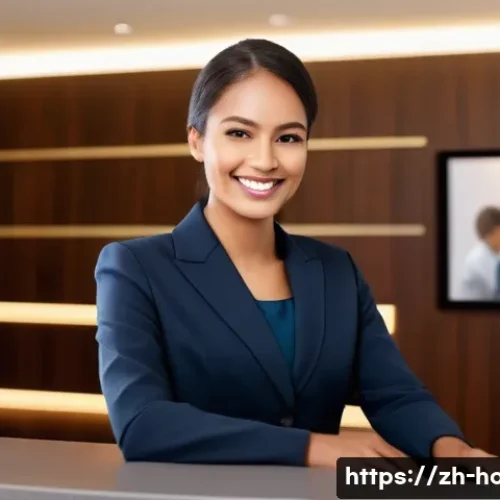 호텔 실기 시험 결과 분석 방법 - A modern hotel front desk scene featuring a professional receptionist in neat, modest business attir...