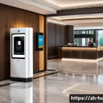 호텔 업계 주요 동향 및 전망 - A modern hotel lobby featuring sleek automated self-check-in kiosks and guests using smartphone-base...