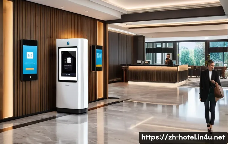 호텔 업계 주요 동향 및 전망 - A modern hotel lobby featuring sleek automated self-check-in kiosks and guests using smartphone-base...