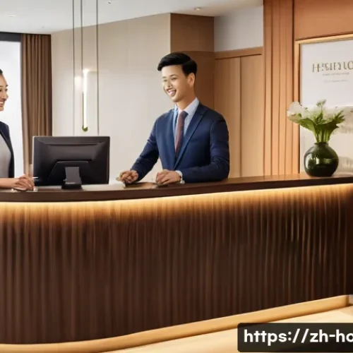 호텔 고객 서비스 경험 공유 - A modern hotel reception scene showcasing warm and personalized customer service: a friendly recepti...