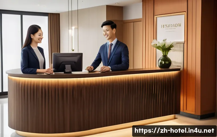 호텔 고객 서비스 경험 공유 - A modern hotel reception scene showcasing warm and personalized customer service: a friendly recepti...
