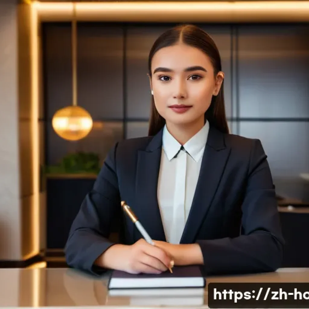 호텔 현장 실습에 필요한 준비물 - A professional young female hotel intern standing confidently at the reception desk, wearing a neat,...