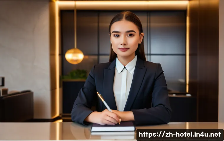 호텔 현장 실습에 필요한 준비물 - A professional young female hotel intern standing confidently at the reception desk, wearing a neat,...