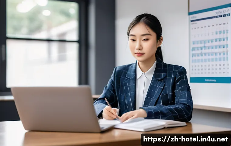 호텔관리사 자격증 공부법 및 팁 - A modern study environment featuring a young Chinese adult woman focused on preparing for the hotel ...