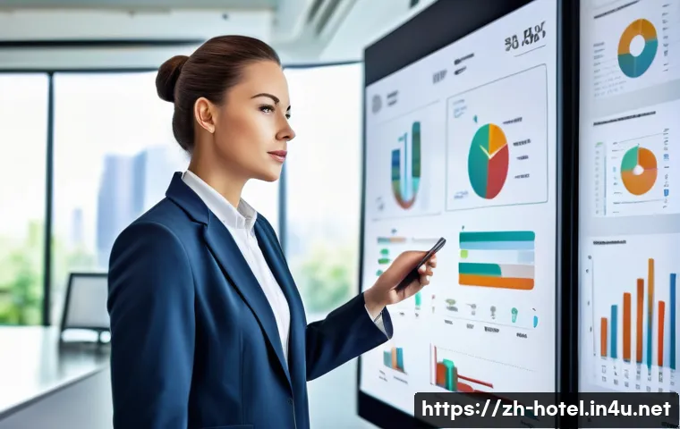 호텔 인사 관리 트렌드 변화 - A modern hotel HR manager analyzing multi-dimensional employee performance data on a large digital d...