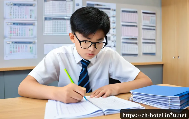 호텔 필기 시험에서의 시간 관리 방법 - A focused young Asian student sitting at a clean desk in a modern study room, surrounded by neatly o...