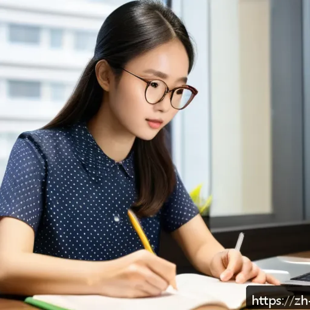 호텔관리사 시험 합격 노하우 - A modern study room scene with a young Chinese adult woman sitting at a clean desk surrounded by org...