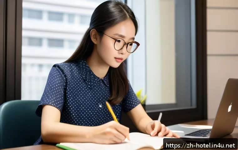 호텔관리사 시험 합격 노하우 - A modern study room scene with a young Chinese adult woman sitting at a clean desk surrounded by org...