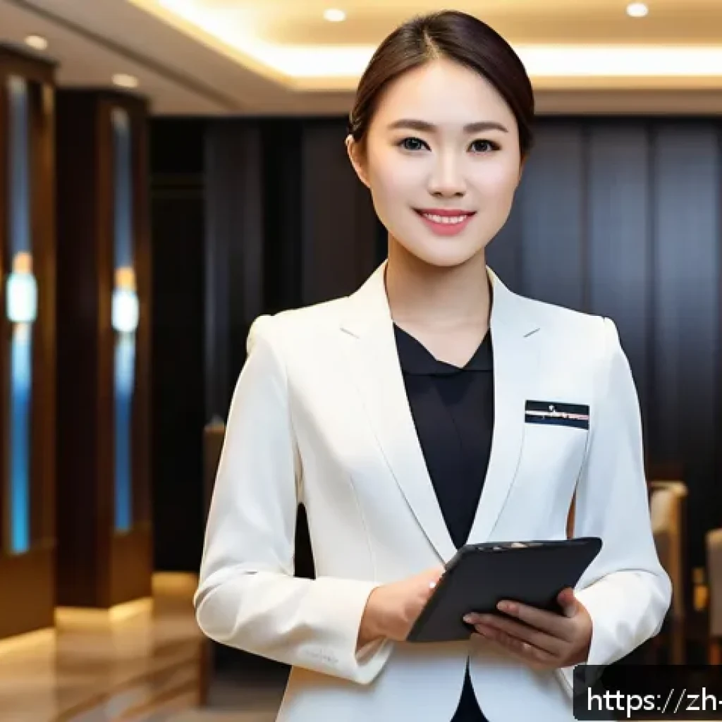 호텔관리사 자격증 필요성 - A confident young Asian hotel manager wearing professional business attire and a neat uniform with a...