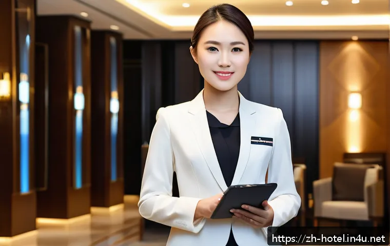 호텔관리사 자격증 필요성 - A confident young Asian hotel manager wearing professional business attire and a neat uniform with a...