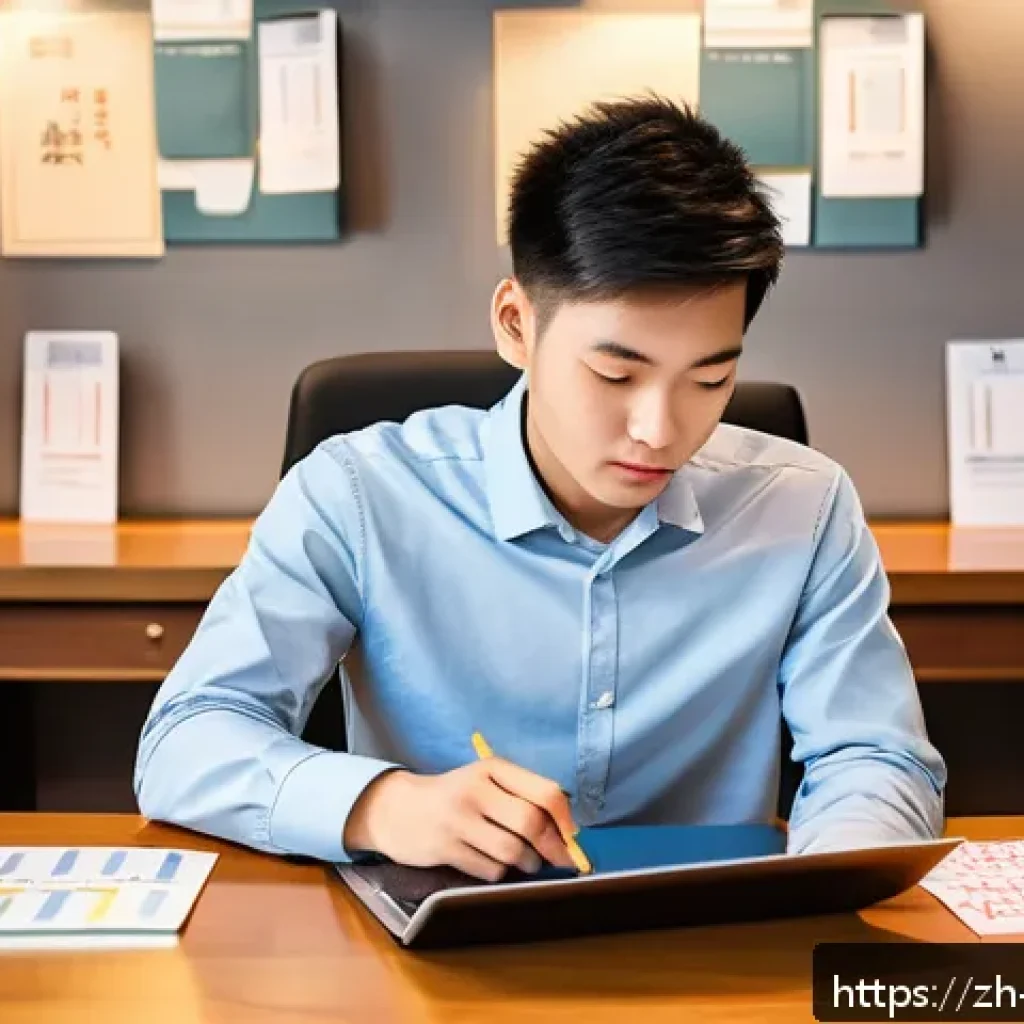 호텔관리사 시험 준비 중 겪는 어려움 - A modern study room scene focused on a young adult Chinese student, sitting at a clean wooden desk w...