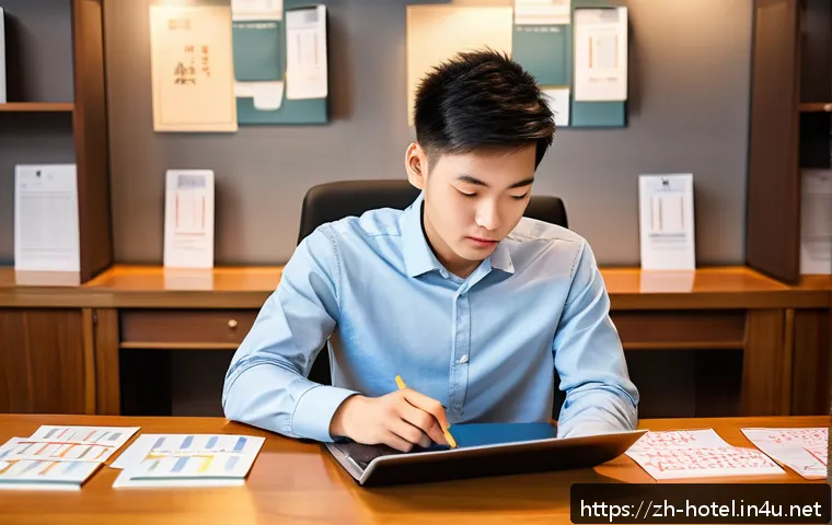 호텔관리사 시험 준비 중 겪는 어려움 - A modern study room scene focused on a young adult Chinese student, sitting at a clean wooden desk w...