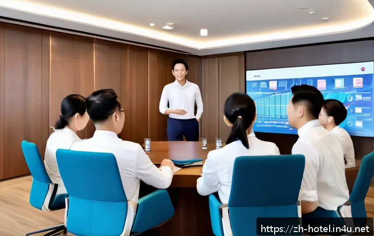 호텔 인사 관리에서의 평가 방법 - A modern hotel team engaged in a dynamic 360-degree performance review session, featuring diverse em...