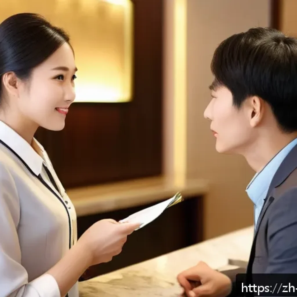 호텔 실무에서 발생하는 갈등 해결 방법 - A professional hotel front desk scene showing a calm and empathetic female staff member attentively ...