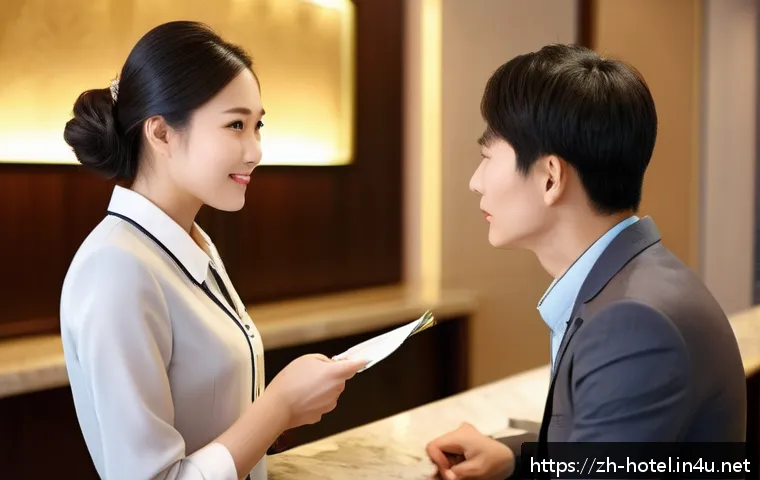 호텔 실무에서 발생하는 갈등 해결 방법 - A professional hotel front desk scene showing a calm and empathetic female staff member attentively ...