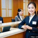 호텔 현장 실습 경험 공유 - A professional hotel front desk scene during a busy peak hour, featuring a young female intern weari...