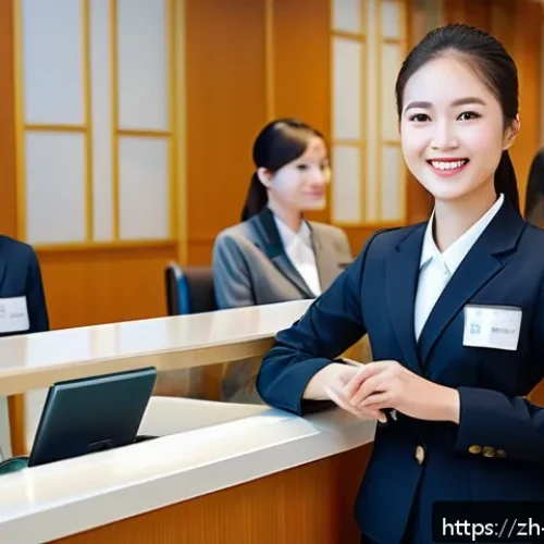 호텔 현장 실습 경험 공유 - A professional hotel front desk scene during a busy peak hour, featuring a young female intern weari...