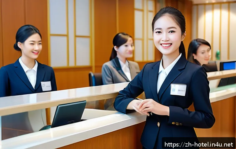 호텔 현장 실습 경험 공유 - A professional hotel front desk scene during a busy peak hour, featuring a young female intern weari...