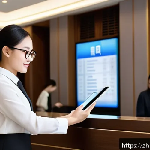 호텔 현장 관리자의 일과 - A modern hotel front desk scene showing a professional hotel manager organizing daily tasks on a dig...