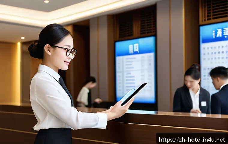 호텔 현장 관리자의 일과 - A modern hotel front desk scene showing a professional hotel manager organizing daily tasks on a dig...