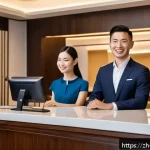 호텔관리사 필기와 실기의 연계성 - A modern hotel front desk scene showing a young professional hotel manager in smart business attire ...