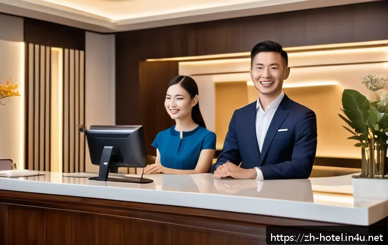 호텔관리사 필기와 실기의 연계성 - A modern hotel front desk scene showing a young professional hotel manager in smart business attire ...