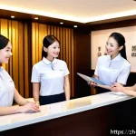 호텔 실무 경험을 활용한 자기계발 - A professional hotel front desk scene during a busy check-in period, featuring a diverse multicultur...