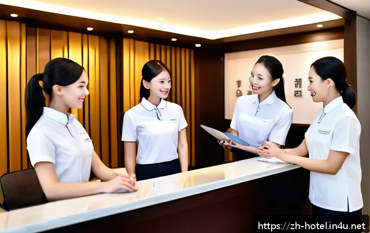 호텔 실무 경험을 활용한 자기계발 - A professional hotel front desk scene during a busy check-in period, featuring a diverse multicultur...