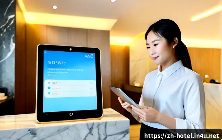 호텔 실무에 필요한 디지털 기술 활용법 - Photorealistic modern hotel reception scene, professional hotel employee using a tablet with a clean...